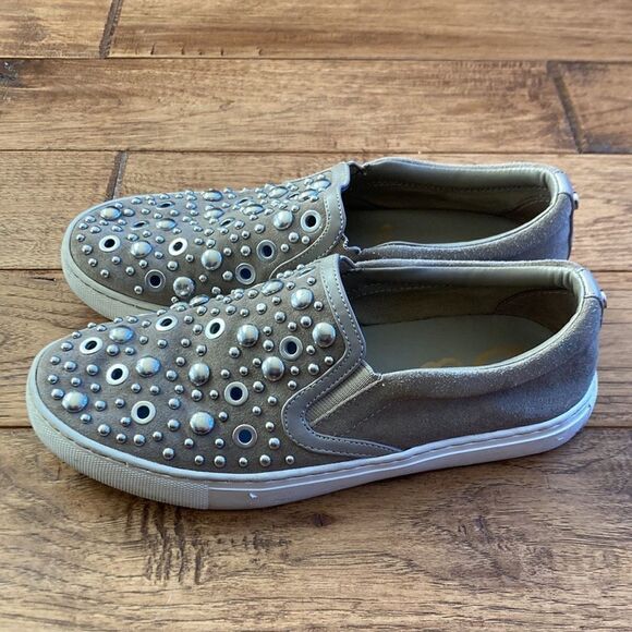 SAM Edelman Paven Embellished Studded Slip-On Sneakers in Taupe Suede Size 6 - Picture 5 of 10